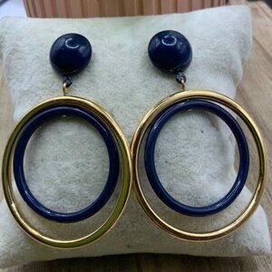 Monet Blue Gold Tone Dangling Double Circle Stud Earrings